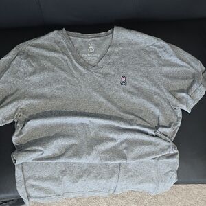 Psycho Bunny Gray V-Neck Short Sleeve Tee with Pink Logo